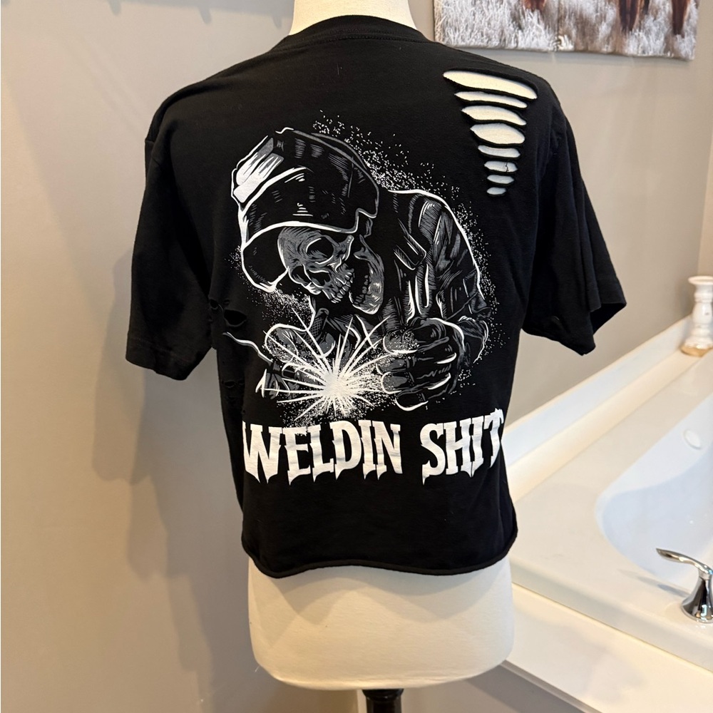 Weldin Shit Black Graphic Crop Tee